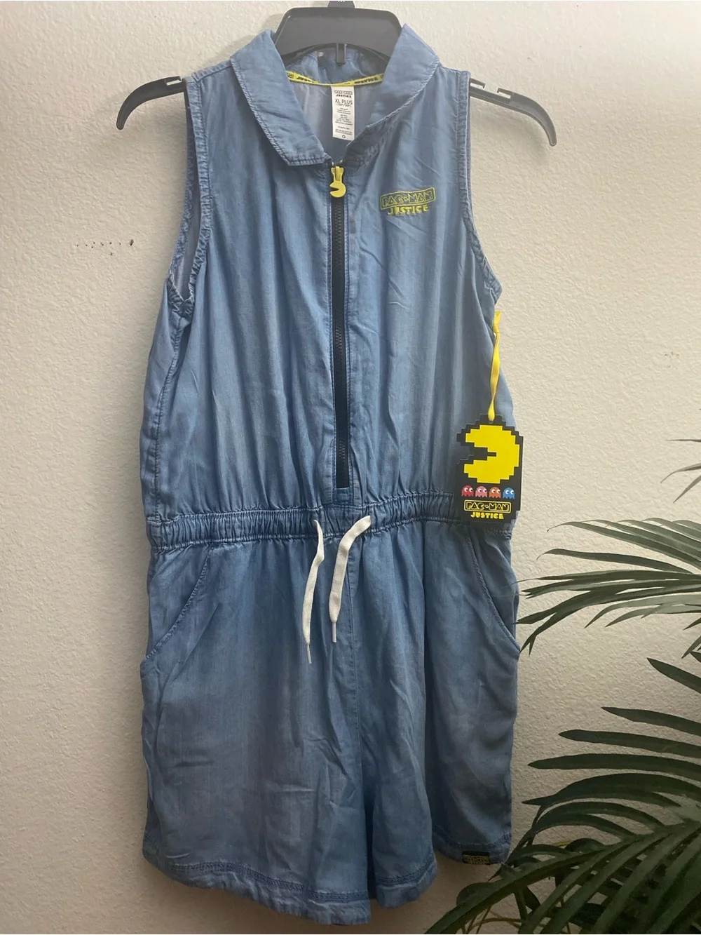 Justice Girls' Denim-Look Sleeveless Romper - Light Blue PAC-MAN
